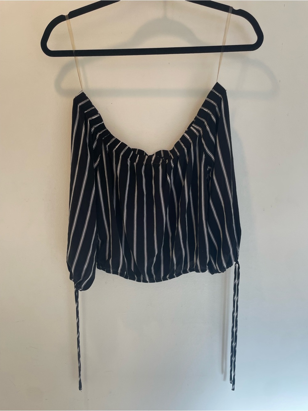 La Hearts Black and White Striped Off-Shoulder Crop Top